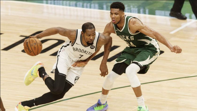 Brooklyn Nets' superstar forward, Kevin Durant and Milwaukee Bucks' superstar forward, Giannis Antetokounmpo will play against each other in the second round of the 2021 NBA Playoffs. The Brooklyn Nets lead 1-0 in this series. (Photo: Jeff Hanisch/USA Today Sports, via NBC Sports)
